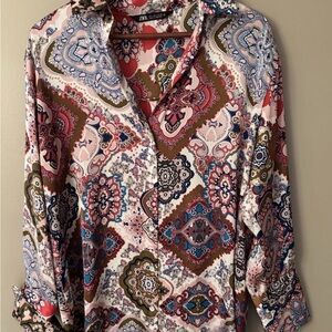 Zara Colorful Paisley Satin Button Down Shirt Long Sleeved size Large